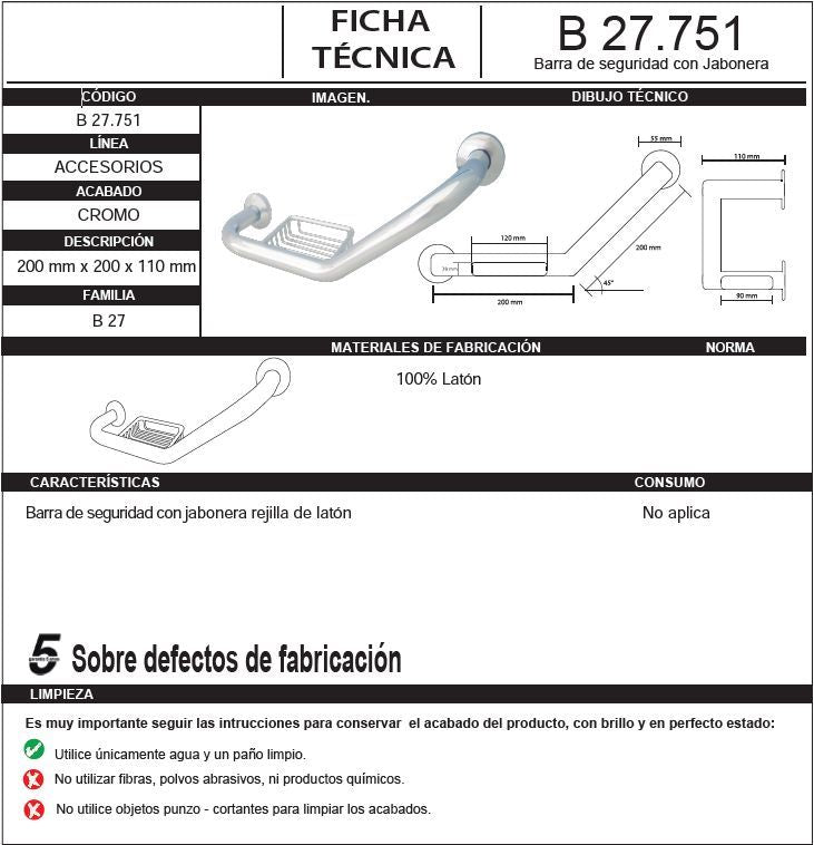 Barra de Seguridad para Baño con Jabonera fabricada en Latón 40 cm. acabado Cromo