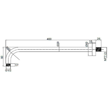 Brazo para Regadera a pared 40 cm acabado Cromo