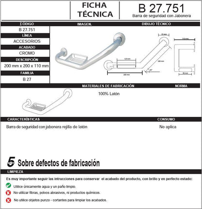 Barra de Seguridad para Baño con Jabonera fabricada en Latón 40 cm. acabado Cromo